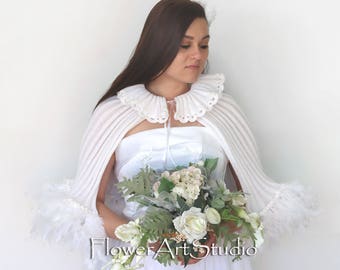White Knitted Bridal Wrap: Feathered Wedding Capelet