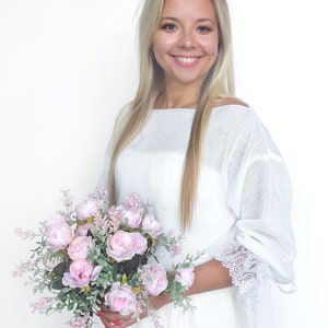 White Bridal Sweater with Lace Sleeves: Feminine Knitted White Wedding Bolero