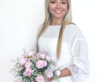 Pull de mariage blanc avec dentelle, boléro de mariée tricoté, pull de mariée, cardigan de mariage, manteau de mariée blanc, pull chaud pour mariage d'hiver