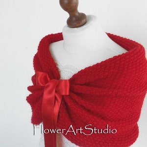 Bridal red knitted cape, wedding bolero, shawl, cover up, wrap, capelet, stole, shoulder shawl, evening shawl, for bridesmaid
