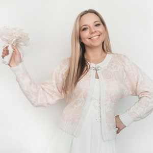 Bridal Knitted Bolero Jacket: White & Peach Flower Pattern, Winter Wedding Bolero