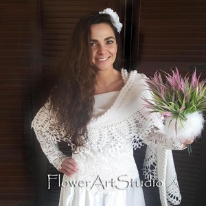Bridal white knit and crochet shawl, cover up, wrap, shoulder shawl, cape, capelet, stole, evening shawl, for bridesmaid, for winter