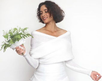 Giacca da sposa bianca, copertura, maglione da sposa convertibile, sciarpa da sposa convertibile, giacca da sposa in avorio, scrollata di spalle a maglia, capelet, scialle