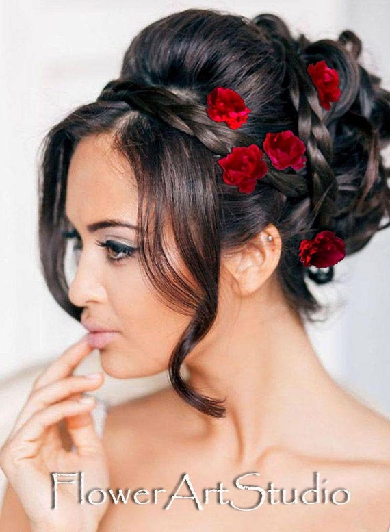 Five Small Hair Flowers Red Flower Hair Pins Red Wedding - Etsy Five Small Hair Flowers Red Flower Hair Pins Red Wedding - Etsy