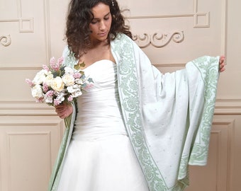 Knitwear shawl sage green, pale green wedding wrap, greenery bridal shawl, bridal cover up, wedding bolero, knitted shawl, stole sage green