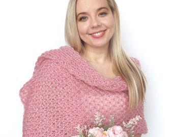 Dusty Rose Mohair Bridal Shawl, Knitted Wedding Wrap for Bridesmaids