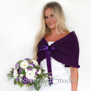 Bridal purple knitted cape, plam wedding bolero, eggplant shoulder shawl, cover up, wrap, capelet, stole, evening shawl, for bridesmaid
