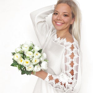 Ivory Bridal Sweater: Knitted Wedding Jumper with Lace Sleeves, Knit Pullover
