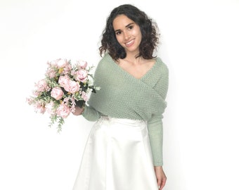 Veste de mariage vert sauge, couverture pour l’hiver, pull de mariée convertible, écharpe de mariage avec bras, veste tricotée, capelet tricoté, haussement d’épaules