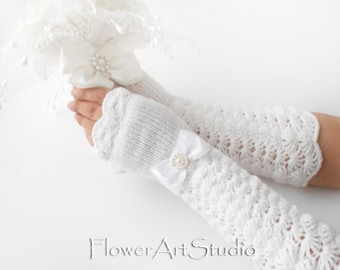 Crochet Wedding Long Fingerless Gloves, Bridal Arm Warmers