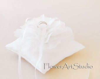 Ivory Satin Wedding Ring Pillow: Handmade Silk Flower, 5.1"