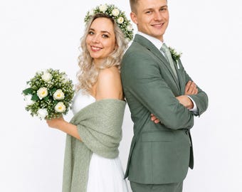 Sage Green Knitted Bride and Bridesmaids Shawl: Knit Wedding Shoulder Stole Wrap