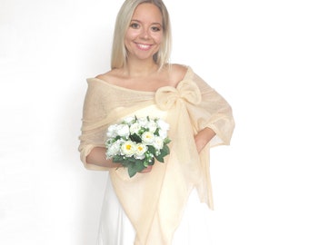 Châle nuptial crème en soie et mohair, enveloppement de mariage beige, couverture nuptiale, boléro, capelet tricoté, cape nuptiale, étole, châle de demoiselle d'honneur