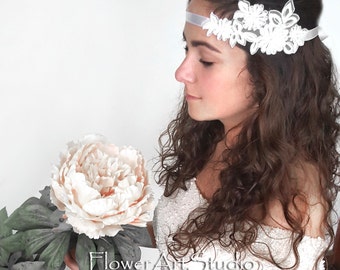 White Lace Bridal Headband: Embroidered Rhinestone Wedding Hair Accessory