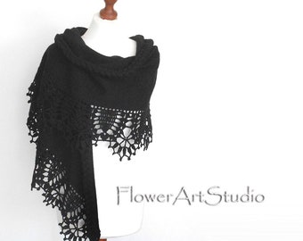 Bridal Black Knitted Crochet Shawl, Wedding Cover Up for Bridesmaids, Plus Size too