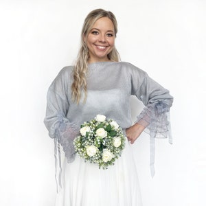 Knitted Bridal Sweater with Ruffle Sleeves: Light Gray Knit Wedding Jumper