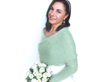 Bridal and Bridesmaid Shrug: Soft Knitted Wedding Bolero Jacket, Sage Green Knit Wrap