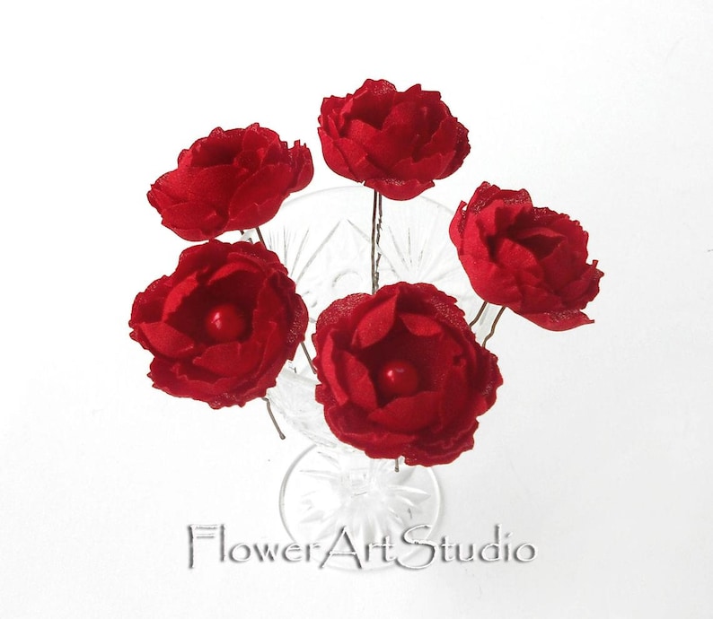 Five Small Hair Flowers Red Flower Hair Pins Red Wedding Etsy