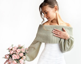 Knitted Bridal Cover Up Sage Green, Knit Shoulder Wedding Shrug, Winter Bridesmaid Wrap Greenery