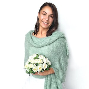 Soft Knitted Wedding Shawl: Bridal and Bridesmaid Shoulder Wrap Stole, Sage Green