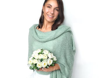 Soft Knitted Wedding Shawl: Bridal and Bridesmaid Shoulder Wrap Stole, Sage Green