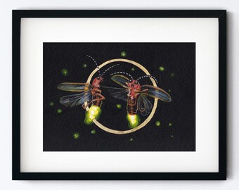 Original Painting Fireflies - Firefly Art with Gold Leaf- Handmade Colorful Small Oil Painting of Lightning Bugs - 5x7 Artwork with 8x10 Mat