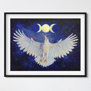 Original Painting White Raven with Gold Leaf - Handmade Flying Bird and Triple Moon Art - Galaxy Nebula Night Sky - 12x16 Original Artwork