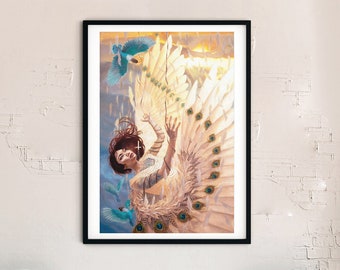Icarus Painting Art Print - Extra Large Artwork 24x36 - Whimsical Magic Realism - Golden Spiral Mythology - Winged Woman Tattoos and Birds