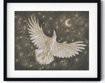 Dibujo original de cuervo blanco, cuervo albino y luna creciente. Boceto a lápiz realista hecho a mano. Obra de arte de 8 x 10 con opción de tapete de 11 x 14.