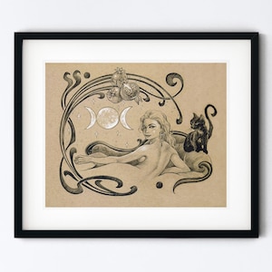 Art Nouveau Moon Goddess Art Print - Triple Moon Hecate Drawing - Persephone Drawing - Witchy Decor - Greek Mythology Woman with Black Cat