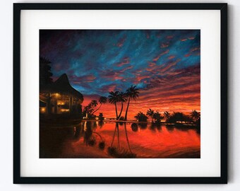 Kauai Painting Art Print - Tropical Summer Night Artwork - Colorful Hawaii Sunset - Handmade Print With Mat Option - 5x7 or 8x10 Matted Art