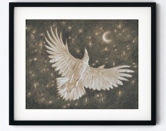 White Raven Art Print - Albino Crow and Crescent Moon Drawing - Pencil Sketch Magic Realism Corvid - 8x10 Artwork With 11x14 Mat Option