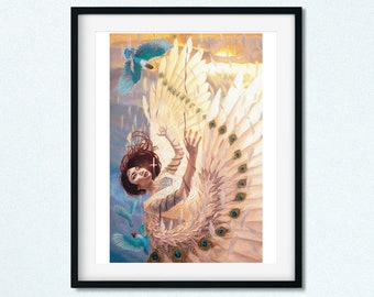 Icarus Painting Giclée Print - Spiritual Artwork 11x14" - Whimsical Magic Realism - Golden Spiral Mythology - Winged Woman Tattoos and Birds