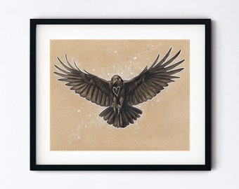 Crow Heart Original Drawing - Magical Flying Raven and Stars Art - Realistic Handmade Pencil Sketch - 8x10 Artwork With 11x14 Mat Option