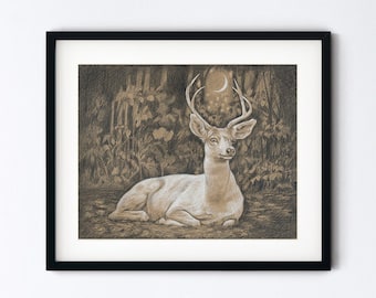 Deer Art Print - Doe With Antlers in Moonlight Forest Drawing - Pencil Sketch Magic Realism - Handmade 8x10 Artwork With 11x14 Mat Option