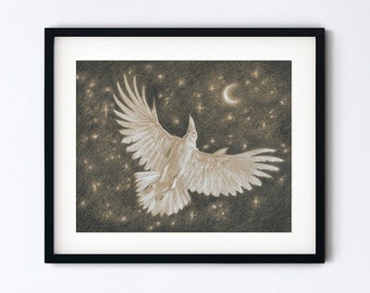 White Raven Art Print - Albino Crow and Crescent Moon Drawing - Pencil Sketch Magic Realism Corvid - 8x10 Artwork With 11x14 Mat Option