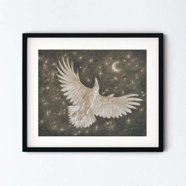 White Raven Art Print - Albino Crow and Crescent Moon Drawing - Pencil Sketch Magic Realism Corvid - 8x10 Artwork With 11x14 Mat Option