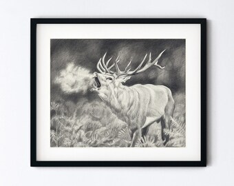 Stag Art Print - Deer Drawing Gift - Bellowing Elk in Winter - Pencil Sketch Magic Realism - Handmade 8x10 Artwork With 11x14 Mat Option