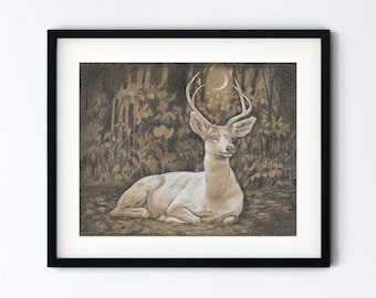 White Deer Original Drawing - Albino Deer and Crescent Moon Art - Realistic Handmade Pencil Sketch - 8x10 Artwork With 11x14 Mat Option