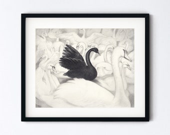 Black Swan Drawing Art Print - Bevy of Swans - Serene Birds - Unique Symbol of Individuality - Handmade 8x10 Artwork With 11x14 Mat Option