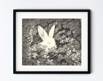 White Rabbit Art Print - Bunny in Clover Drawing - Cute Nursery Art Gift - Handmade 5x7 or 8x10 Artwork With 11x14 Mat Option
