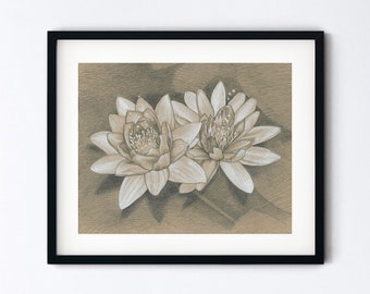 Lotus Flowers Art Print - Water Lilies Botanical Drawing - Blossom Pencil Sketch Realism - Handmade 8x10 Artwork With 11x14 Mat Option