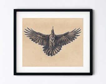 Raven Heart Original Drawing - Magical Flying Crow and Stars Art - Realistic Handmade Pencil Sketch - 8x10 Artwork With 11x14 Mat Option