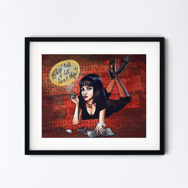 Pulp Fiction Art Print - Mia Wallace Illustration - Tarantino Film Buff Gift - Bold Colorful Red Black - 5x7 with Mat or 8x10 or 8.5x11 Art