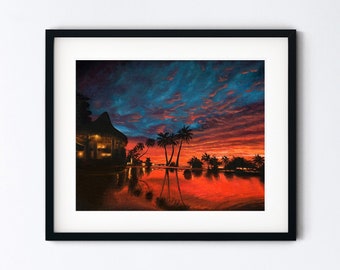 Hawaii Sunset Art Print - Tropical Summer Night Artwork - Colorful Kauai Painting - Handmade Print With Mat Option