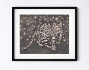 Handmade Leopard Art Print - Big Cat Drawing Fine Art - Pencil Sketch Magic Realism - Matted 5x7 or 8x10 Artwork With 11x14 Mat Option