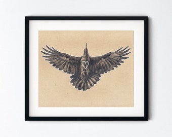 Raven Heart Art Print - Crow Drawing Fine Art - Love Symbol - Magic Realism Pencil Sketch Corvid Gift - Handmade 8x10 Artwork With 11x14 Mat