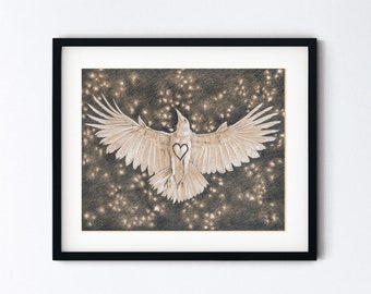 White Raven Heart Art Print - Albino Crow Flying Night Sky Drawing - Pencil Sketch Magic Realism Corvid Gift - 8x10 Artwork With 11x14 Mat