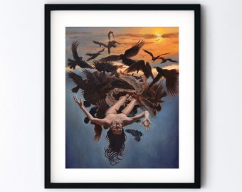 Sky Burial Art Print - Woman Dissolving into Sky and Flock of Birds Painting - Handmade Surreal Fantasy Artwork - 8x10 with 11x14 Mat Option