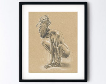 Boho Art Print - Nude Figure Drawing - Sketch of a Beautiful Woman with Art Nouveau Hair - Handmade 8x10 or 8.5x11 Print with Mat Option